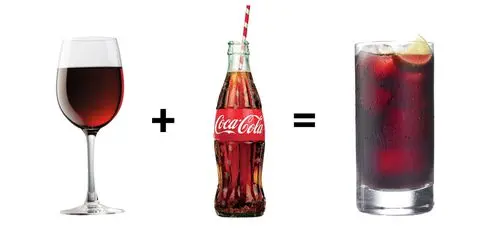 A glass of red wine and a bottle of coke
