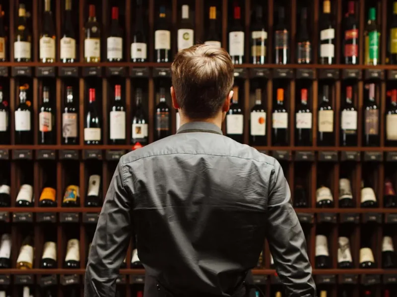 a man standing over bottles of wine