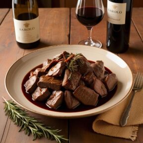 Brasato al Barolo served with a bottle of Barolo red wine on a rustic holiday dinner table