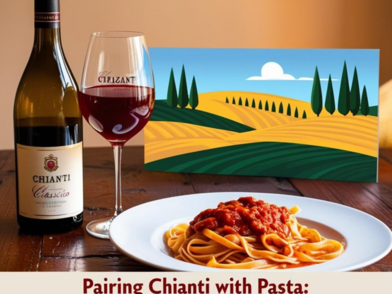 Chianti wine and pasta pairing with spaghetti Bolognese on a rustic Italian table