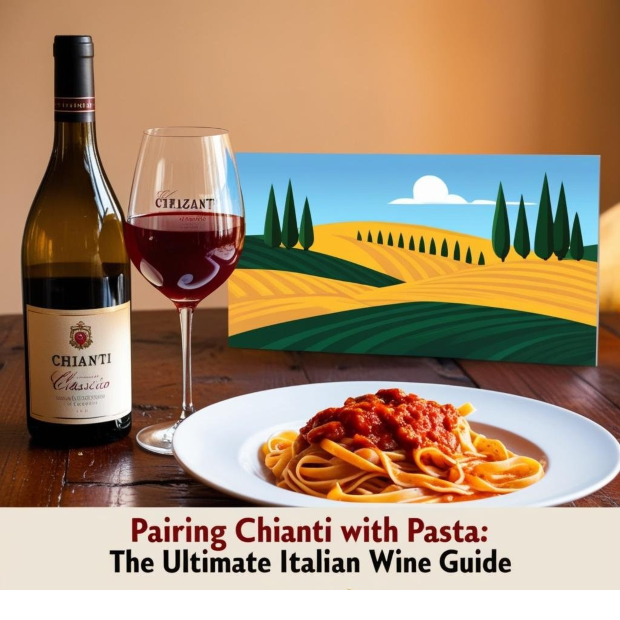 Chianti wine and pasta pairing with spaghetti Bolognese on a rustic Italian table
