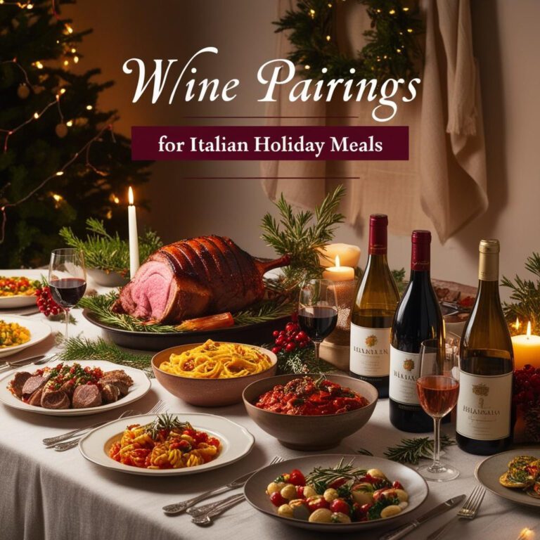 Festive Italian holiday table with lasagna, seafood, and glasses of red and white wine