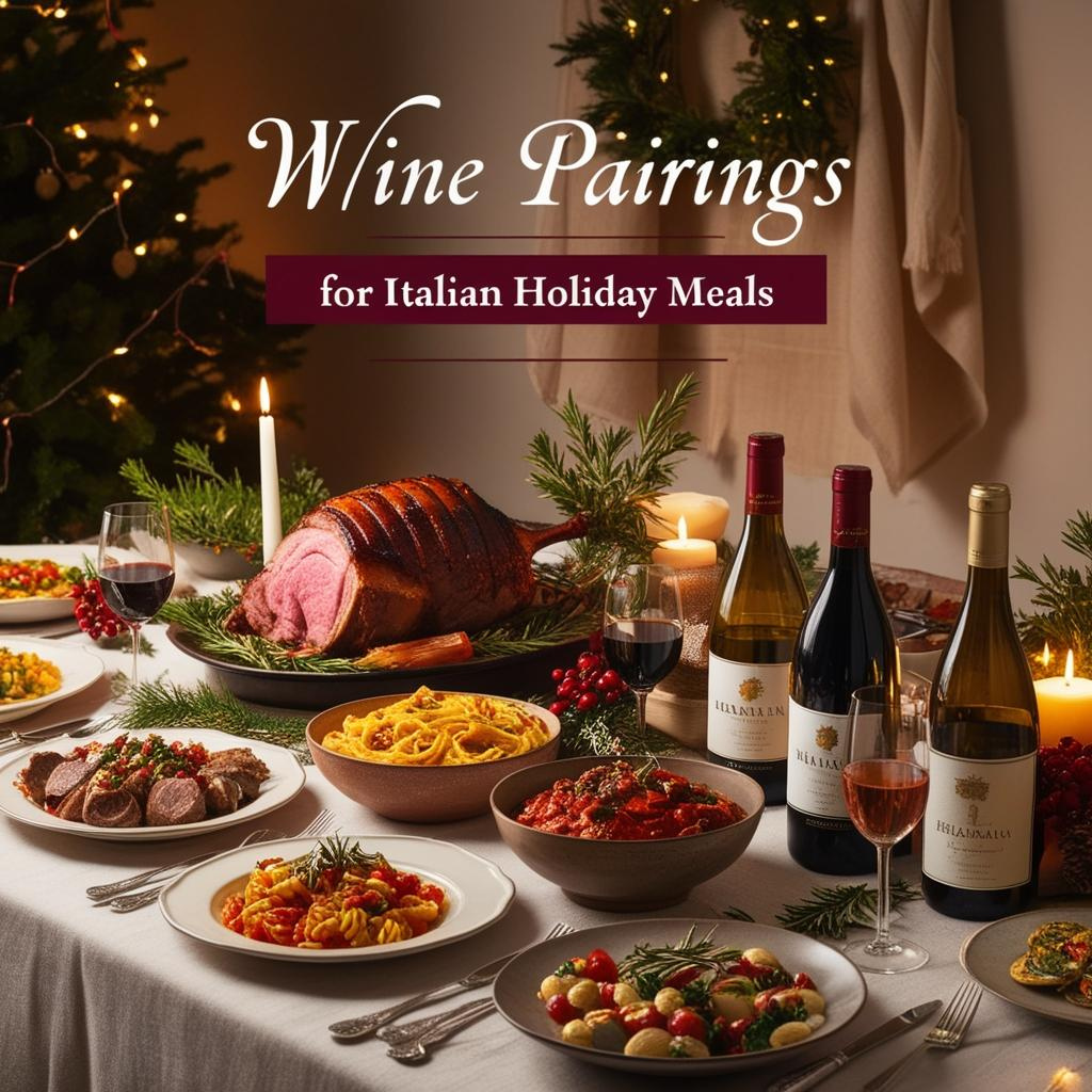 Festive Italian holiday table with lasagna, seafood, and glasses of red and white wine