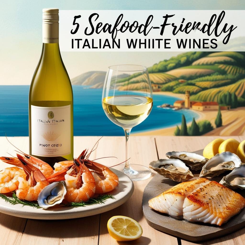 Italian white wine with seafood including oysters, shrimp, and lemon on a rustic coastal table