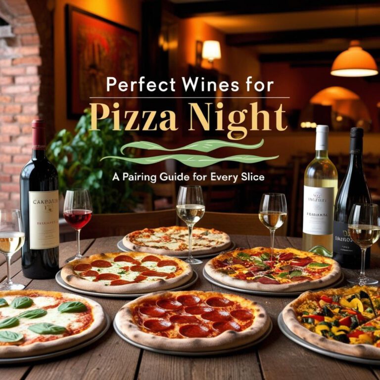 Various pizza slices with glasses of red and white wine on a rustic table — ideal wine pairings for pizza night