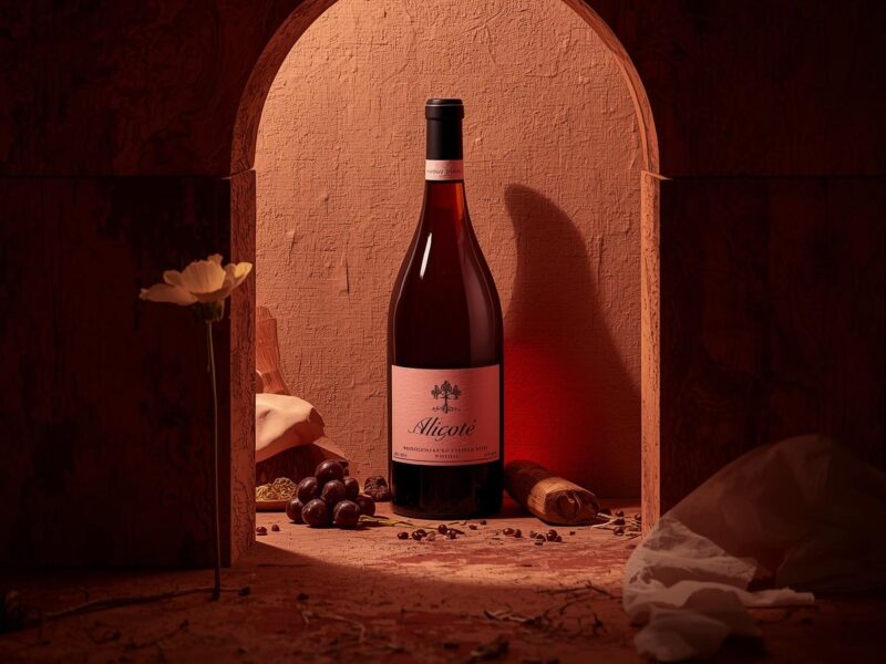 Aligoté wine bottle on a wooden table with grapes and vineyard in the background, highlighting Burgundy’s hidden gem making a global comeback in 2025