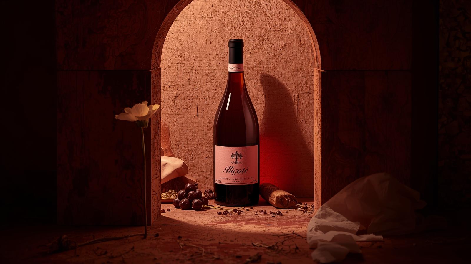 Aligoté wine bottle on a wooden table with grapes and vineyard in the background, highlighting Burgundy’s hidden gem making a global comeback in 2025