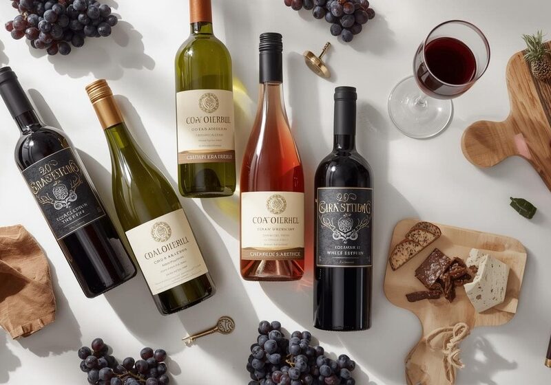 Glass of low-alcohol white wine on a table with grapes and herbs, representing the mindful drinking trend of 2025