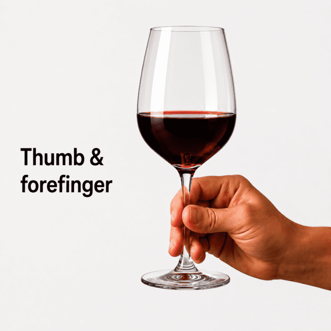 Holding a red wine glass using thumb and forefinger grip