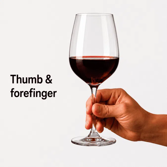 Holding a red wine glass using thumb and forefinger grip
