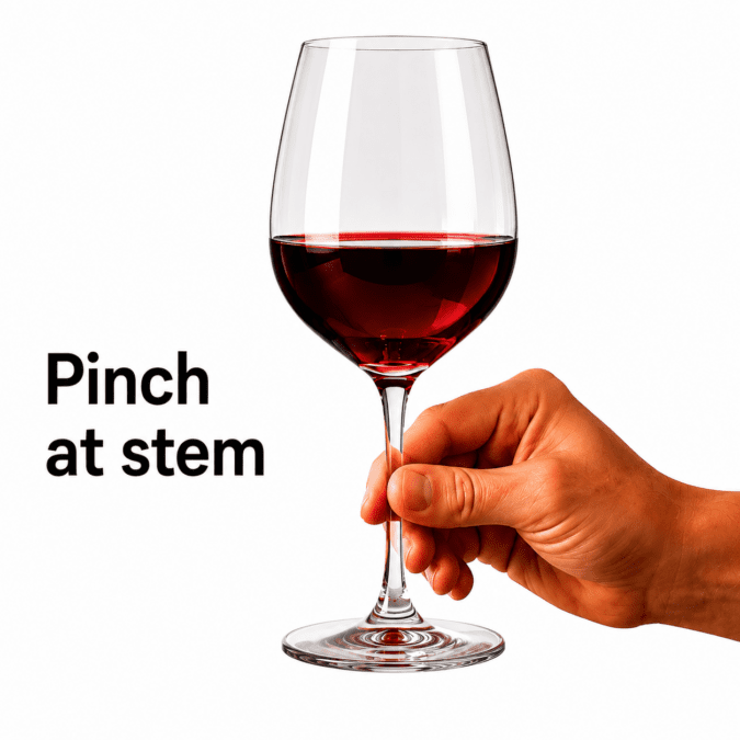 Holding a red wine glass by pinching the stem