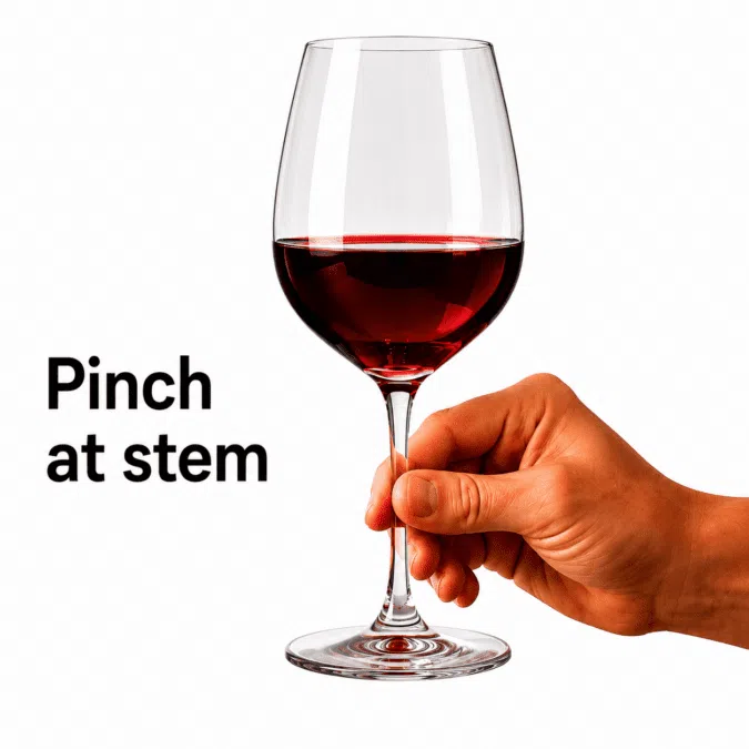 Holding a red wine glass by pinching the stem