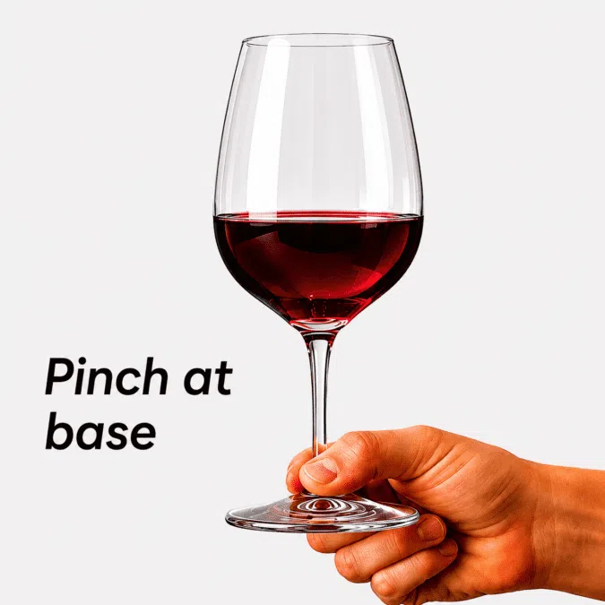 Holding a red wine glass by pinching the base
