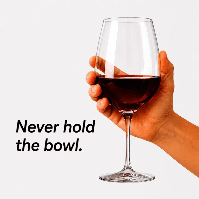 Incorrect way to hold a wine glass by the bowl with red wine inside and instructional text saying โNever hold the bowl.โ