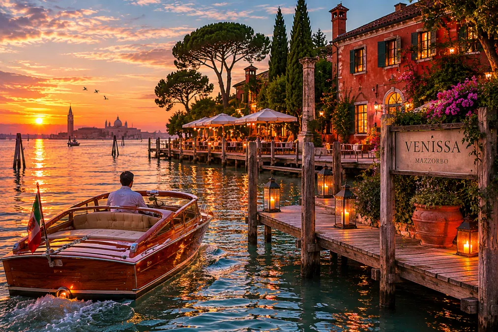 Luxury boat arrival at Venissa Venice lagoon