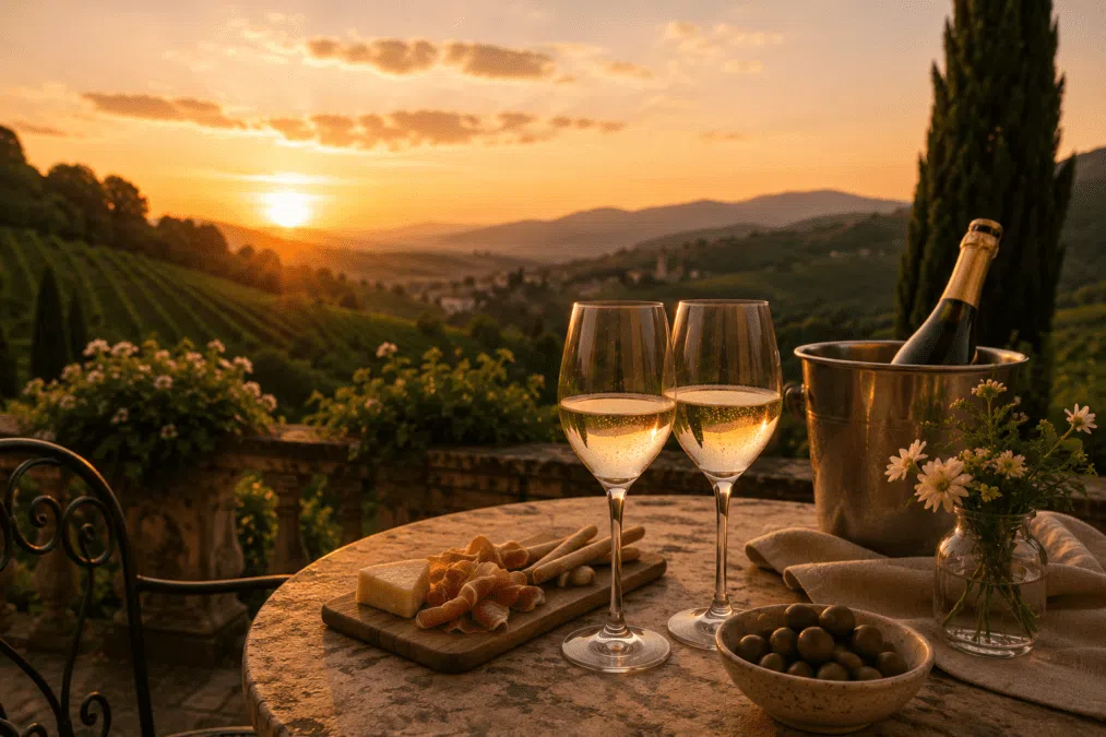 Luxury Prosecco aperitivo in Veneto at sunset