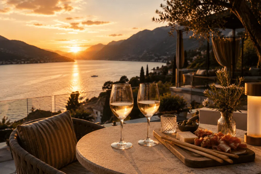Luxury aperitivo by Lake Garda at sunset