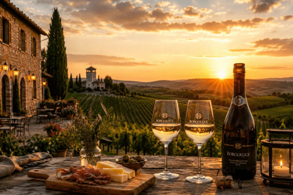 Sunset wine scene at Borgoluce vineyard estate in Veneto