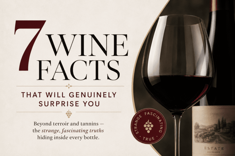 Featured image showing "7 Wine Facts That Will Genuinely Surprise You" headline with elegant typography and wine bottle illustration on beige background
