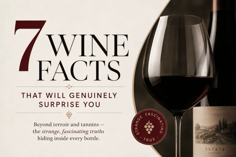 Featured image showing "7 Wine Facts That Will Genuinely Surprise You" headline with elegant typography and wine bottle illustration on beige background