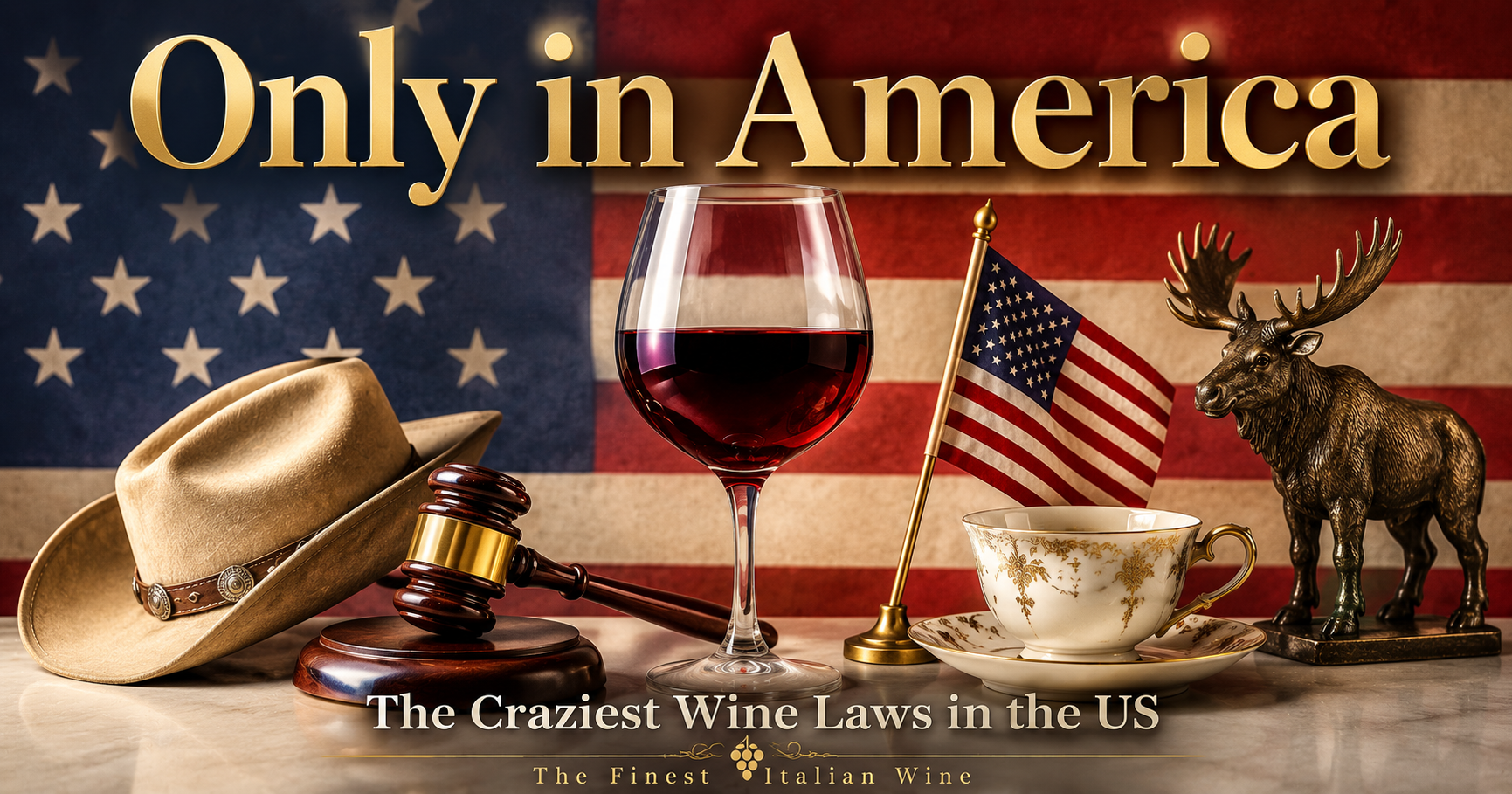 A wine glass beside an American flag — illustrating the craziest wine laws in the United States