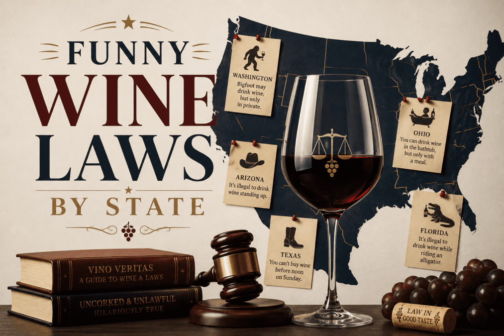 Editorial-style illustration of funny wine laws by state with American flag background, wine glass, gavel, cowboy hat, and vintage typography