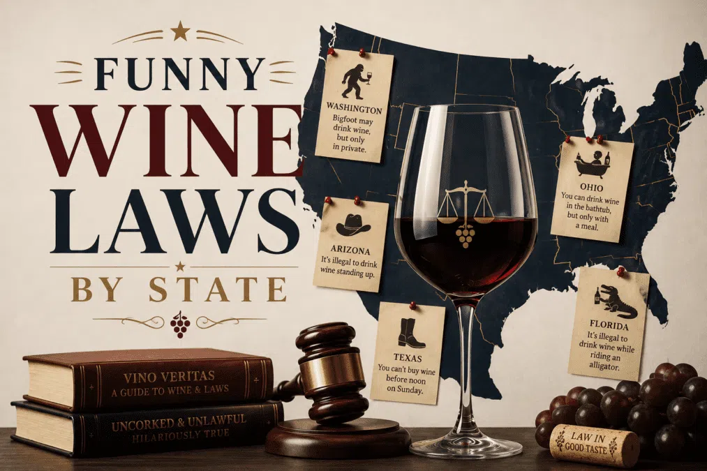 Editorial-style illustration of funny wine laws by state with American flag background, wine glass, gavel, cowboy hat, and vintage typography
