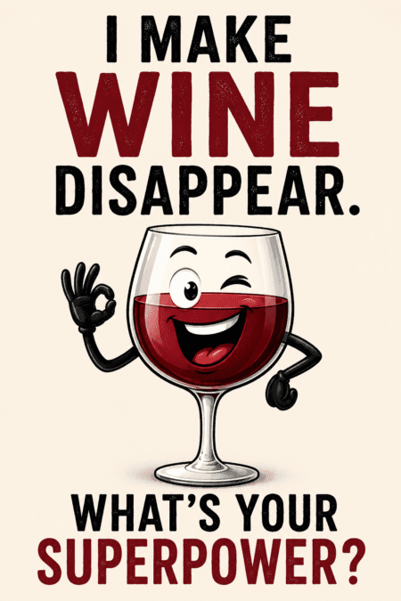 Funny wine joke poster with cartoon red wine glass saying “I Make Wine Disappear. What’s Your Superpower?”