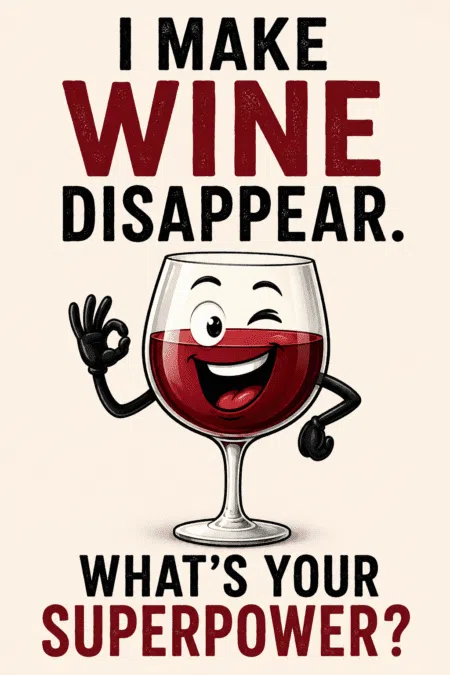 Funny wine joke poster with cartoon red wine glass saying “I Make Wine Disappear. What’s Your Superpower?”