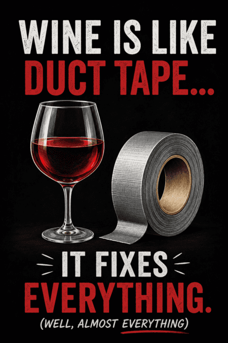 Funny wine joke poster showing a glass of red wine beside duct tape with the quote “Wine Is Like Duct Tape, It Fixes Everything.”