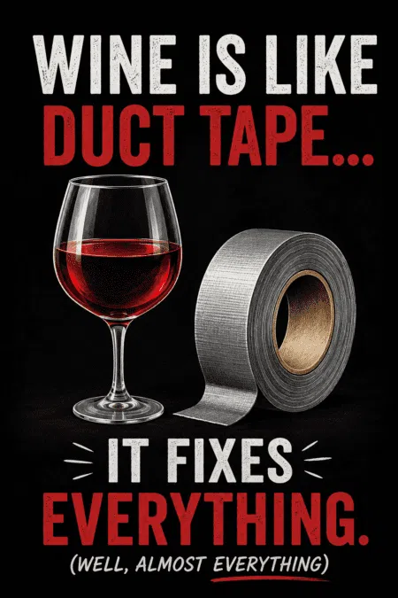 Funny wine joke poster showing a glass of red wine beside duct tape with the quote “Wine Is Like Duct Tape, It Fixes Everything.”