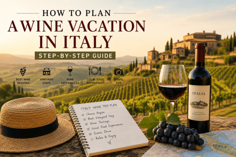 Wine vacation in Italy with vineyard views and Tuscan countryside at sunset