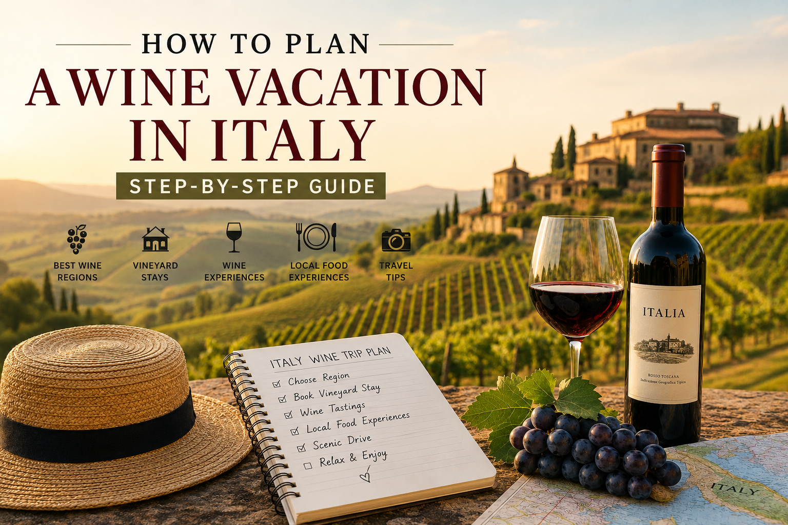 Wine vacation in Italy with vineyard views and Tuscan countryside at sunset