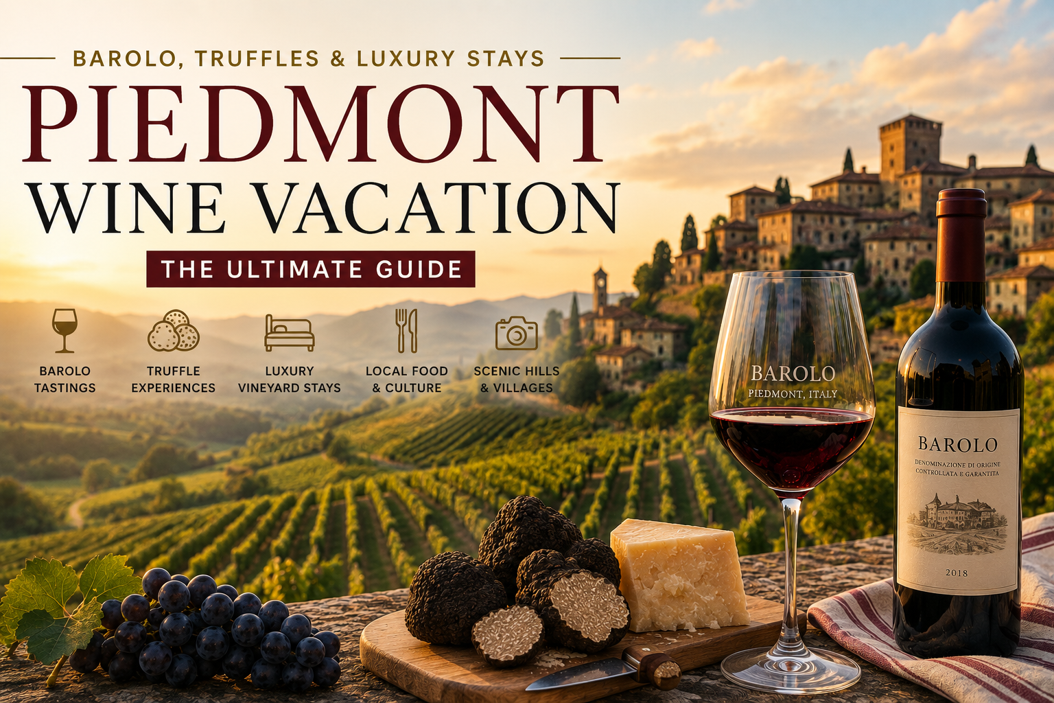 Piedmont wine vacation with Barolo vineyards and luxury countryside views