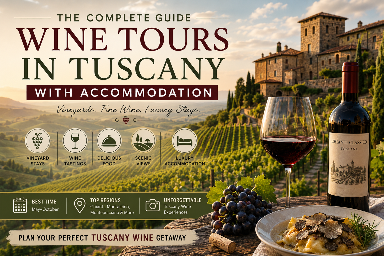 Wine tours in Tuscany with accommodation overlooking vineyard hills