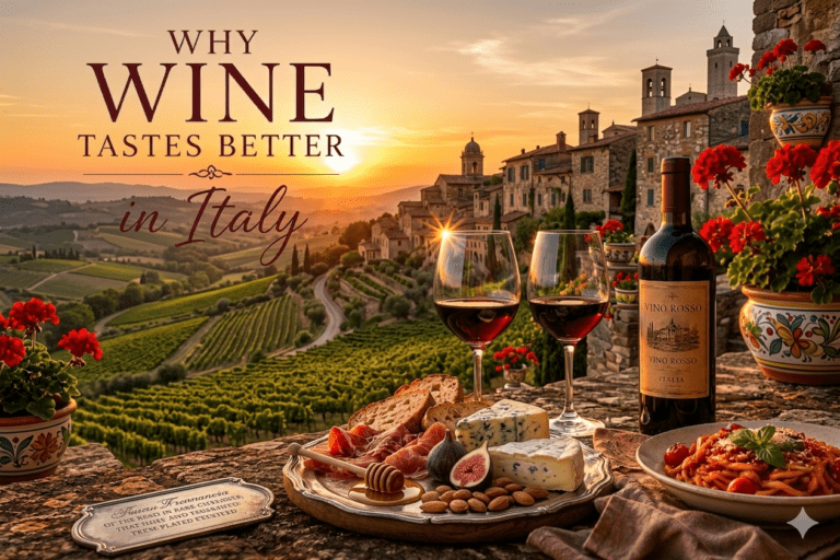 Wine and Italian dining atmosphere at sunset in Italy