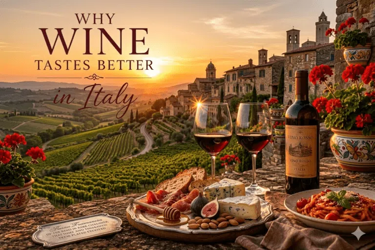 Wine and Italian dining atmosphere at sunset in Italy