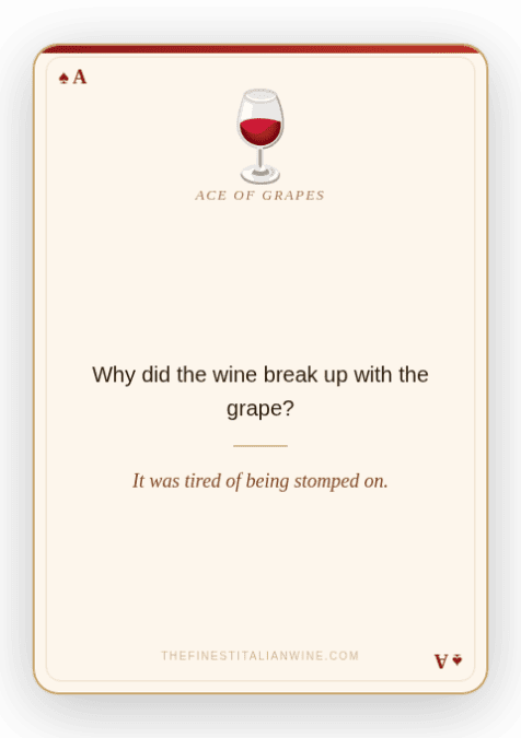Playing card with a funny wine joke: "Why did the wine break up with the grape? It was tired of being stomped on." โ Ace of Grapes wine humor card from thefinestitalianwine.com