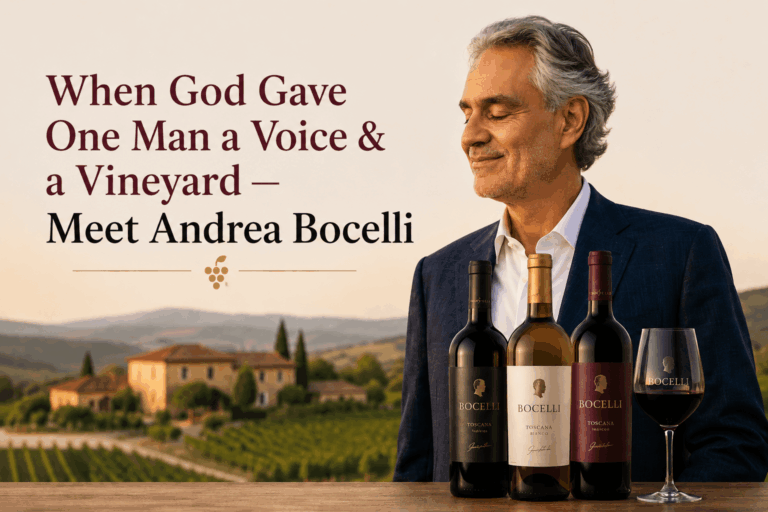 "Andrea Bocelli standing beside his wines in an Italian vineyard with the caption 'When God Gave One Man a Voice & a Vineyard — Meet Andrea Bocelli.'"