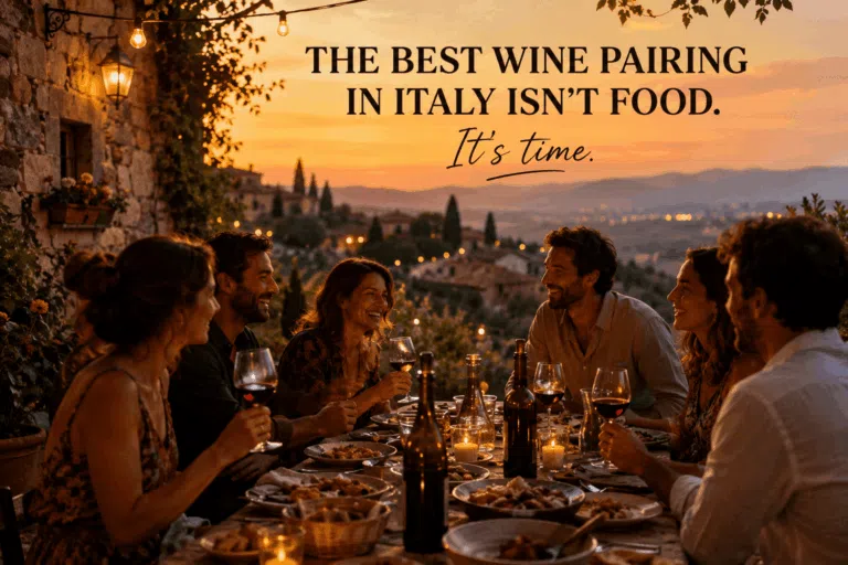 Friends sharing wine and conversation during a long Italian dinner at sunset