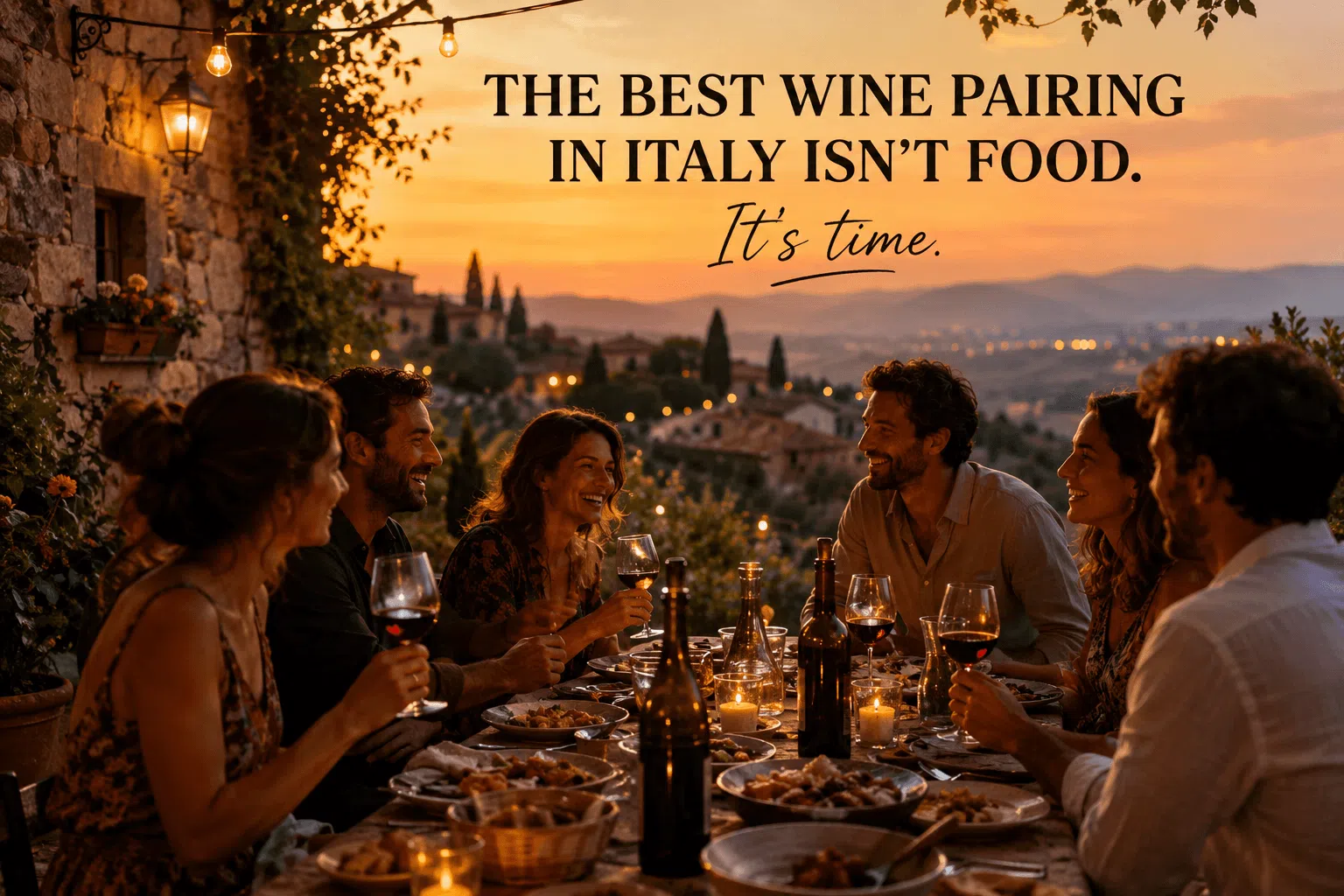 Friends sharing wine and conversation during a long Italian dinner at sunset