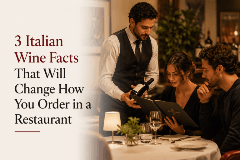 "A sommelier presents a bottle of wine to a couple in an elegant restaurant. Large text on the left reads: '3 Italian Wine Facts That Will Change How You Order in a Restaurant'. "