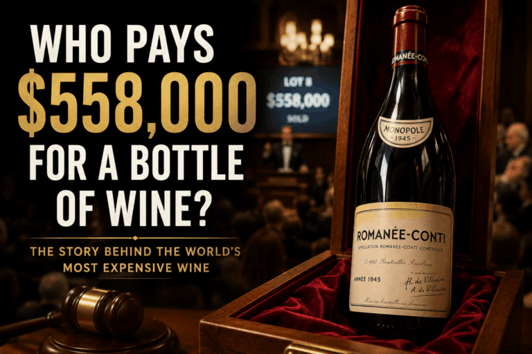 An ultra-rare bottle of 1945 Domaine de la Romanée-Conti wine displayed inside a glass case in a dark luxury cellar, with a sommelier wearing white gloves holding a wine glass.