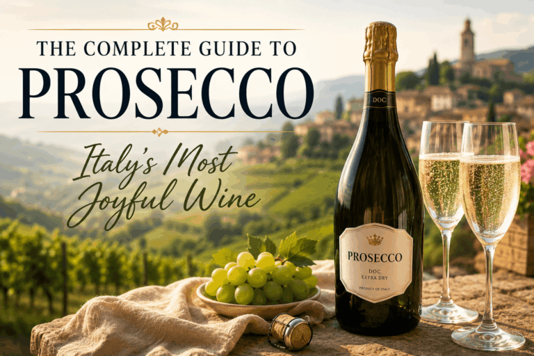 Glass of Prosecco sparkling wine with bottle in Italian vineyard hills of Valdobbiadene, representing Italy’s most joyful sparkling wine