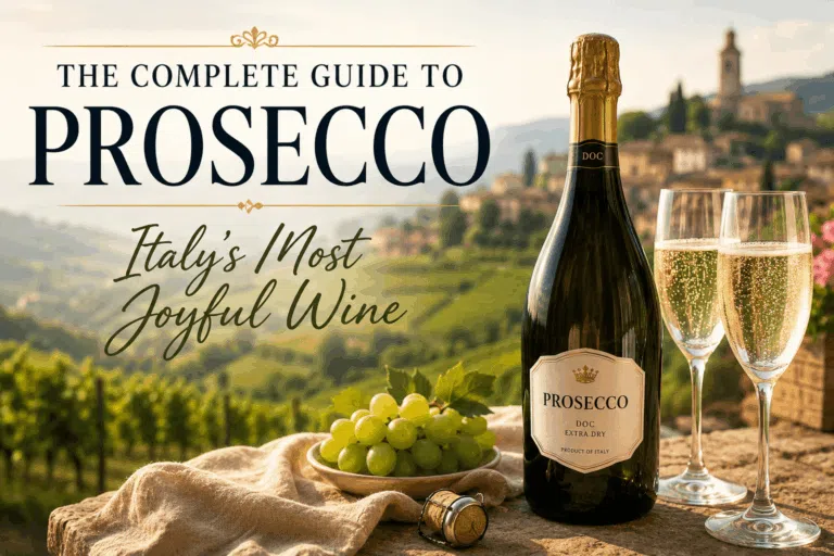 Glass of Prosecco sparkling wine with bottle in Italian vineyard hills of Valdobbiadene, representing Italy’s most joyful sparkling wine