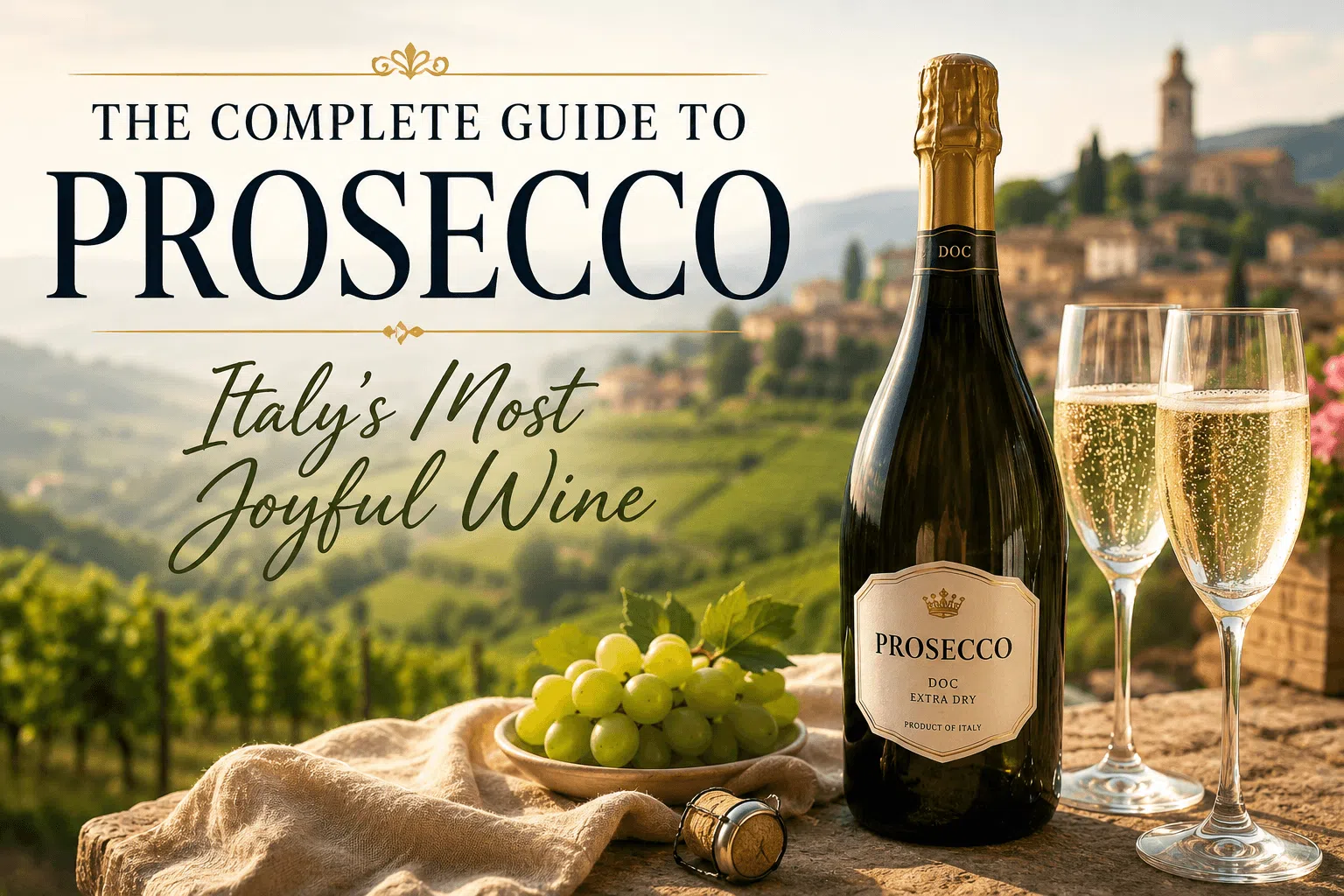 Glass of Prosecco sparkling wine with bottle in Italian vineyard hills of Valdobbiadene, representing Italy’s most joyful sparkling wine