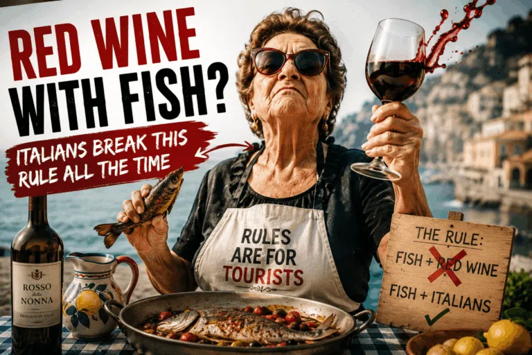 Red wine served with grilled fish by an Italian grandmother, illustrating why Italians often pair red wine with fish despite the traditional wine rule.