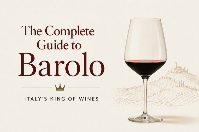 Barolo wine guide Italy featured image with elegant wine glass and Piedmont vineyard illustration