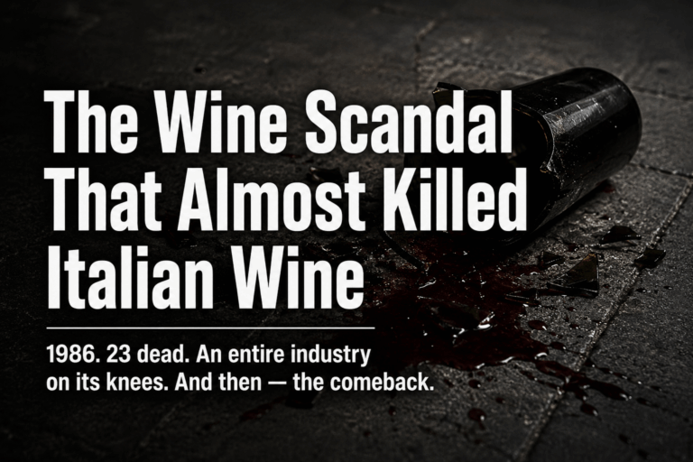 Broken Italian wine bottle representing the 1986 methanol wine scandal that devastated the Italian wine industry
