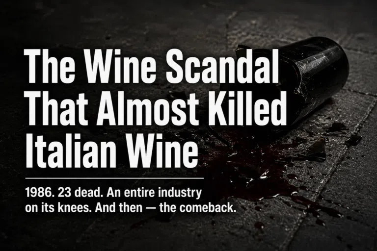 Broken Italian wine bottle representing the 1986 methanol wine scandal that devastated the Italian wine industry